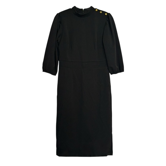 NY&Co Black Sheath Dress Small NWT Gold Button Shoulder Midi Work Office Elegant - Picture 3 of 13